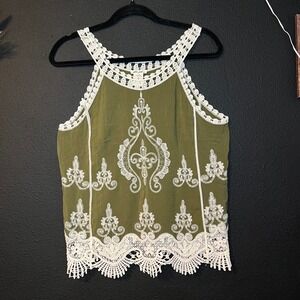 Ultra Pink Boho Crochet Lace Tank Top Olive Green Embroidered Festival Size M